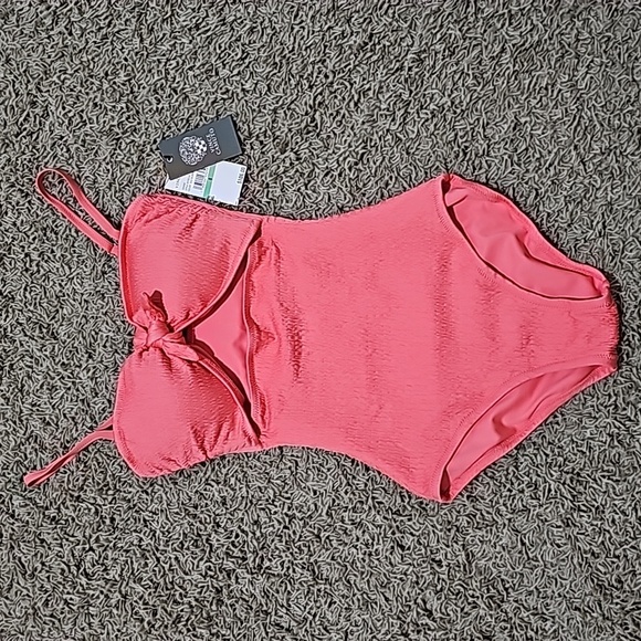 NWT Vince Camuto Bathing Suit Smocked One-Piece Cutout Swimsuit Coral Size 8 - Picture 1 of 6